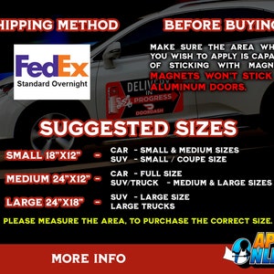 Może przedstawiać: Biały samoch&oacute;d z magnesem dostawczym DoorDash na drzwiach. Tekst zawiera: SHIPPING METHOD, FedEx Standard Overnight, BEFORE BUYING, MAKE SURE THE AREA WHERE YOU WISH TO APPLY IS CAPABLE OF STICKING WITH MAGNETS. SUGGESTED SIZES: SMALL 18"X12", MEDIUM 24"X12", LARGE 24"X18".