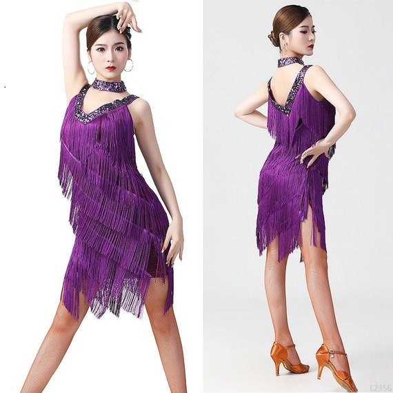 Women Latin Dance Costume Cha-cha Outfit Stage Performance Carnival Party  Handmade Sequins V-neck Tassel dress, Necklace -  Hong Kong