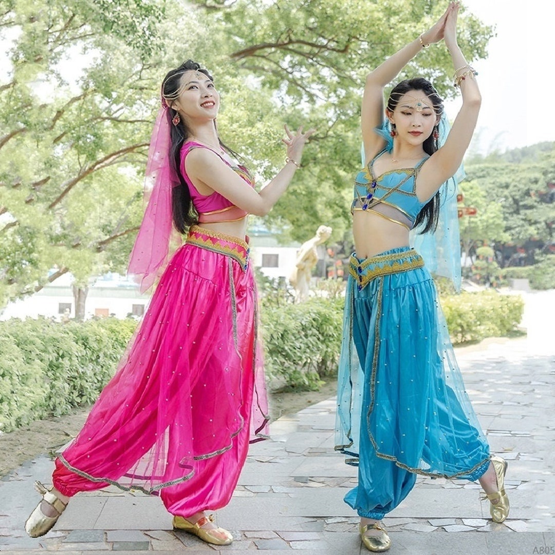 Adult Women Handmade Aladdin Princess Jasmine Cosplay India Bollywood  Halloween Carnival Party Dance Costume Outfit Fuchsia Turquoise -   Finland