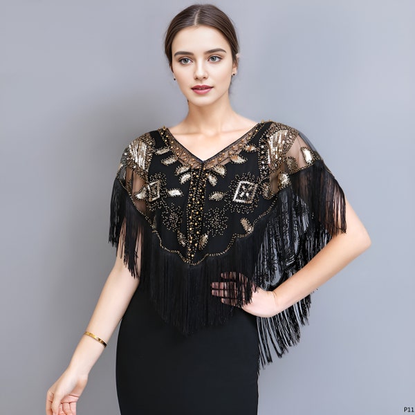 Women 1920's Party Vintage Sequins Embroidery Tassel Beaded Gatsby Wedding Bridal Evening Cape Shawl Bolero Cloak Capelet Wrap Flapper