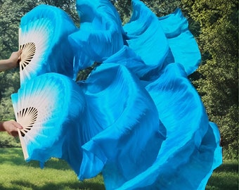 Pair (Left + Right) Belly Dance Stage Performance Carnival Halloween Party Handmade 100% Silk Bamboo Fan Veil Scarf 4 Colors