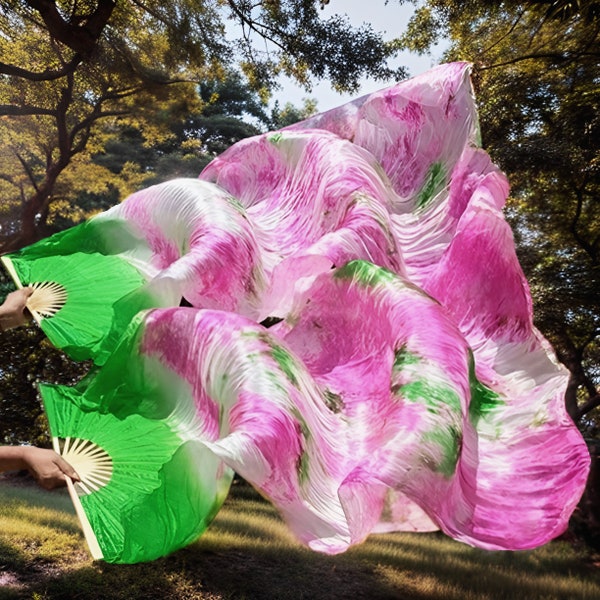 Pair (Left + Right) Belly Dance Stage Performance Carnival Halloween Party Handmade 100% Silk Bamboo Fan Veil Green+(Tie-dye)