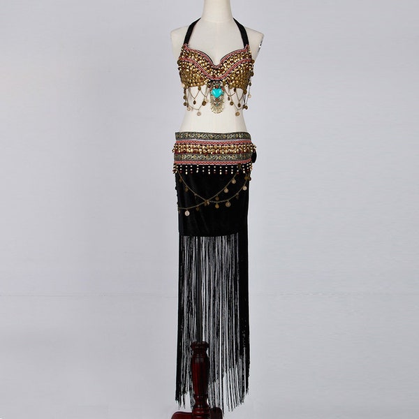 Belly Dance Performance Costume Set – Beaded Bra Top & Hip Belt, Multi-Color, S-L