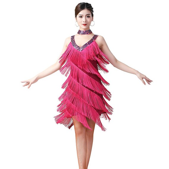 Women Latin Dance Costume Cha-cha Outfit Stage Performance Carnival Party  Handmade Sequins V-neck Tassel dress, Necklace -  Hong Kong
