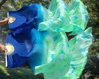 Pair (Left + Right) Belly Dance Stage Performance Carnival Halloween Party Handmade Tie-dye 100% Silk Bamboo Fan Veil Blue+(Tie-dye)