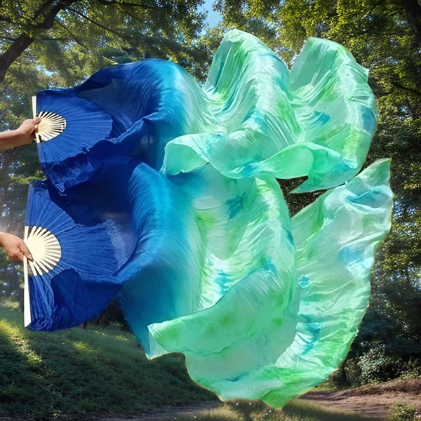 Pair (Left + Right) Belly Dance Stage Performance Carnival Halloween Party Handmade Tie-dye 100% Silk Bamboo Fan Veil Blue+(Tie-dye)