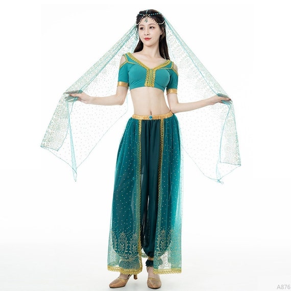 Disfraz de baile de carnaval de Halloween de Bollywood para mujer adulta  hecho a mano de la princesa Jasmine de Aladdin parte superior, pantalones  harén, tocado, velo -  España