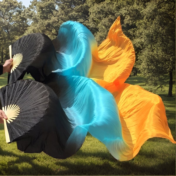 Pair (Left+Right) Belly Dance Performance Carnival Halloween Party Handmade Gradient Color 100% Silk Bamboo Fan Veil Scarf Black-Blue-Orange