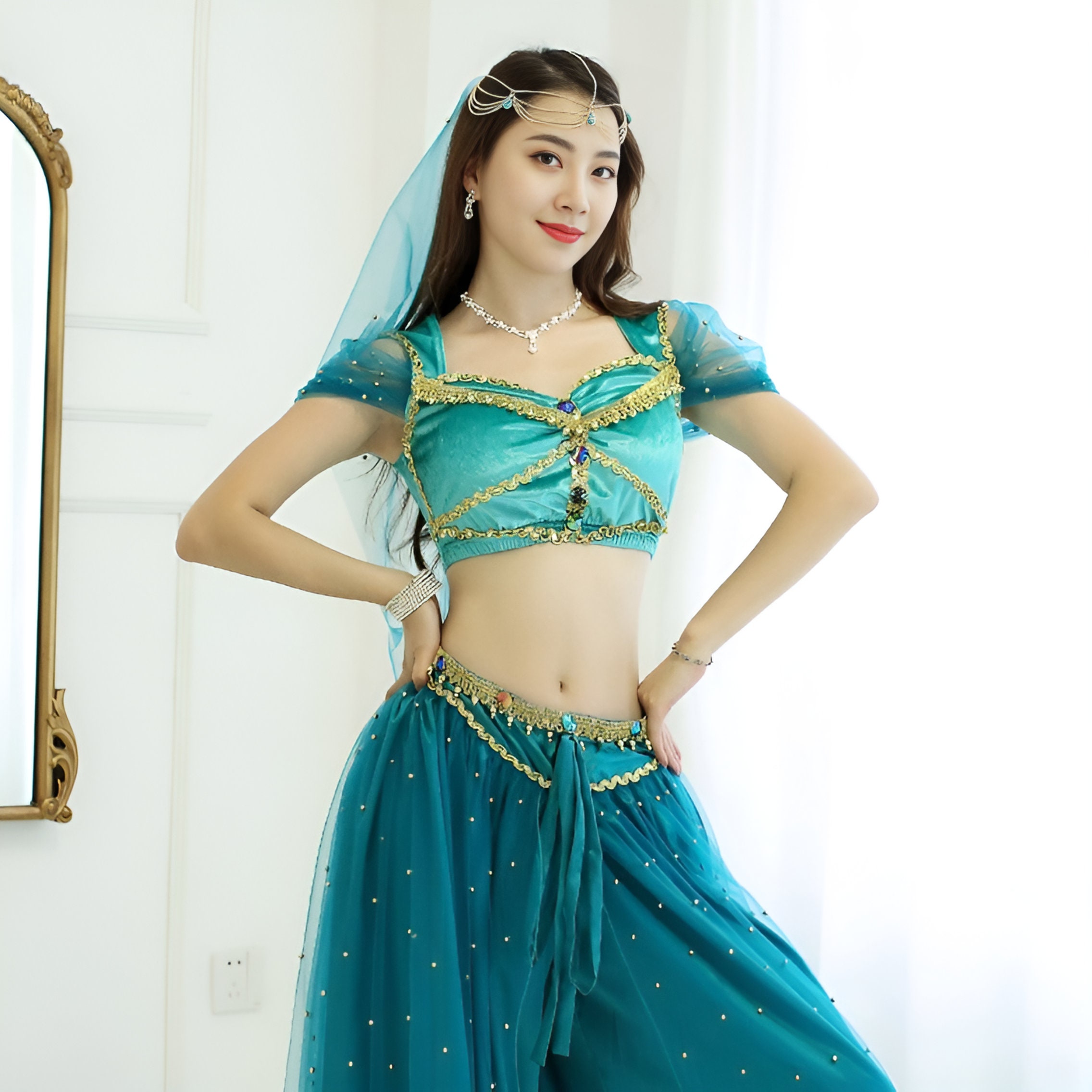 Adult Women Handmade Aladdin Princess Jasmine Cosplay Halloween Carnival Dance  Costume Party headchain, Headveil, Top, Harem Pants 