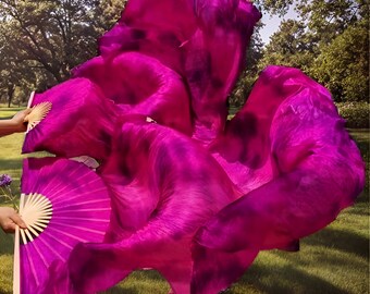 Pair (Left + Right) Belly Dance Stage Performance Carnival Halloween Party Handmade Tie-dye 100% Silk Bamboo Fan Veil Purple+D-PinK(Tie-dye)