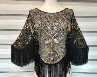 Women 1920's Party Vintage Sequins Embroidery Tassel Beaded Gatsby Wedding Bridal Evening Cape Shawl Bolero Cloak Capelet Wrap Flapper