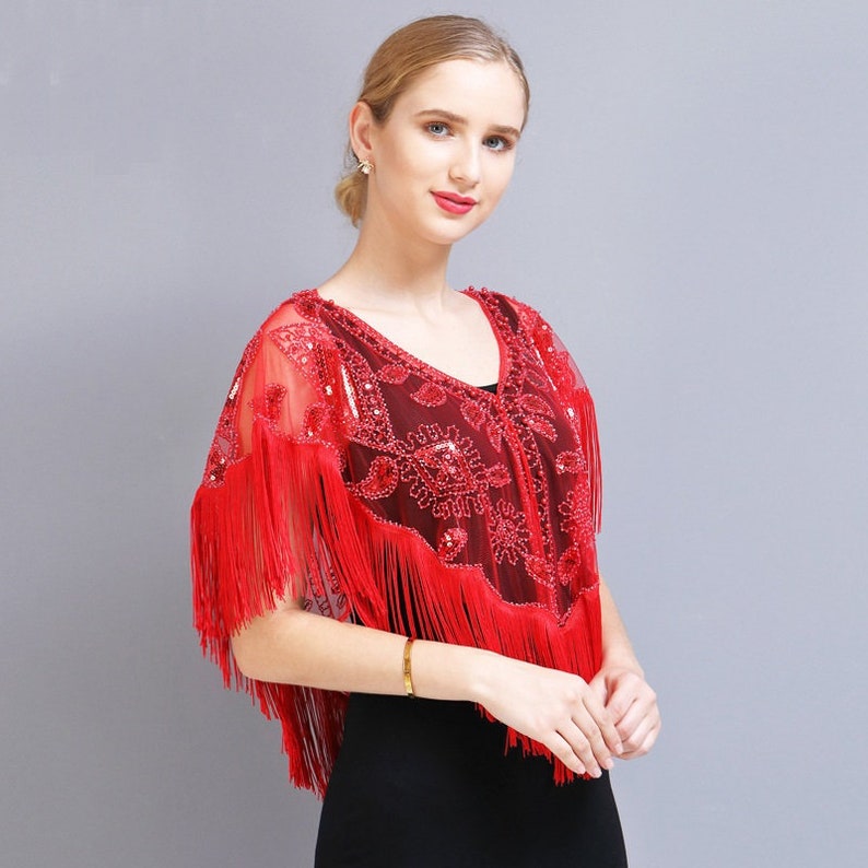 1920s Shawls, Scarves, Furs, Boa & Wraps Styles History     Women 1920s Party Vintage Sequins Embroidery Tassel Beaded Gatsby Wedding Bridal Evening Cape Shawl Bolero Cloak Capelet Wrap Flapper  AT vintagedancer.com