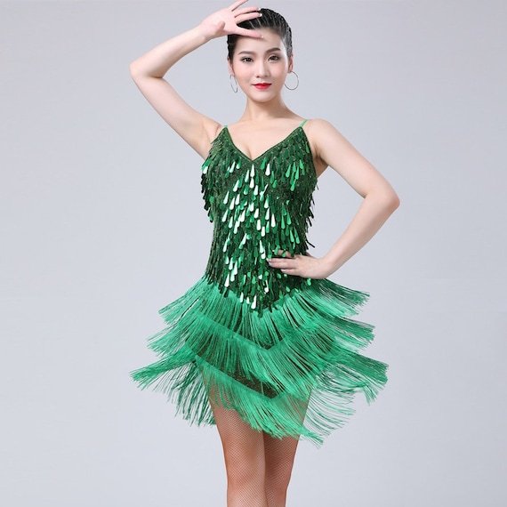 Women Cha-cha Latin Dance Stage Performance Carnival Party Costume Outfit  Handmade Raindrop Sequins Tassel Dress -  Norway