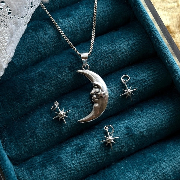 Crescent Moon with Face Pendant Necklace, Celestial Sterling Silver Jewelry, Whimsigoth
