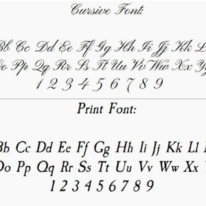 May include: A white background displays two font styles: cursive and print. The cursive font shows uppercase and lowercase letters, along with numbers 1-9. The print font also shows uppercase and lowercase letters and numbers 1-9.