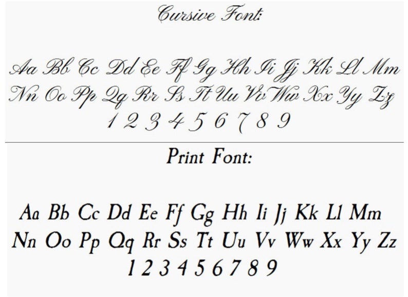 May include: A white background displays two font styles: cursive and print. The cursive font shows uppercase and lowercase letters, along with numbers 1-9. The print font also shows uppercase and lowercase letters and numbers 1-9.