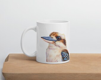 Kookaburra White Glossy Coffee Mug, Australian Bird Art Cup