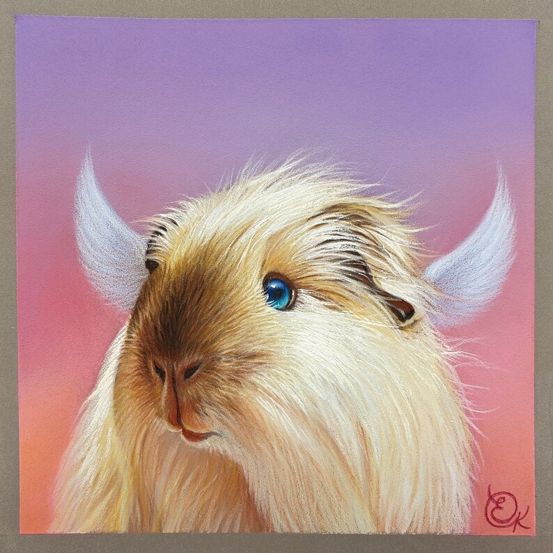 May include: A pastel drawing of a guinea pig with fluffy, light brown fur and striking blue eyes. The artwork features two white, horn-like shapes extending from the head against a gradient background of pink and purple.