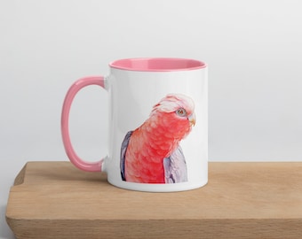 Galah Coffee Mug with Pink Color Inside Rose-breasted Cockatoo Bird Portrait Art Cup Parrot Lover Gift