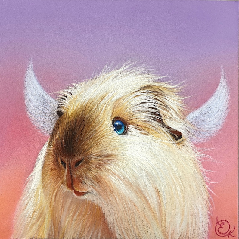 May include: A square painting of a guinea pig with white horns and blue eyes. The guinea pig has light brown and white fur. The background transitions from pink to purple. The artwork is signed in the bottom right corner.