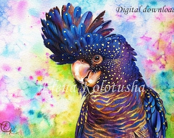 Black Cockatoo Digital File for Art Print Australian Parrot Portrait Watercolor Bird Wall Art Instant Download A3