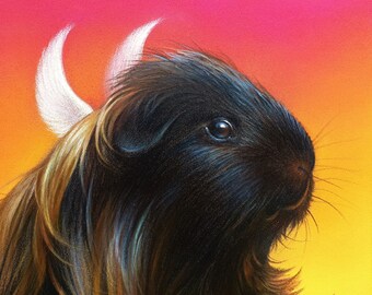 Guinea Pig Angel Original Drawing - Pet Portrait Painting, Cute Cavy Fantasy Portrait, Animal Miniature Art 5x5 inches