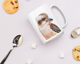 Kookaburra White Glossy Coffee Mug, 15oz Australian Bird Art Cup