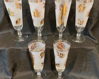 Libbey Frosted w/Gold Leaves Drinking Glasses w/Stems - Set of 6