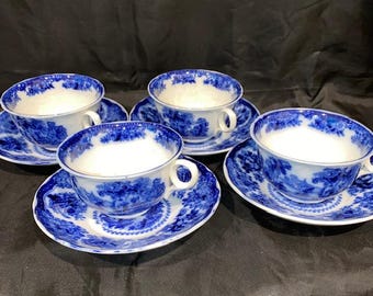 Fairy Villa Flow Blue Cup & Saucer, Antique, circa late 1800s to early 1900s - 10 sets available