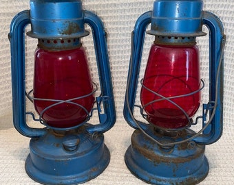 Vintage Far East Chalwyn Lanterns -- Blue with Red Globe -- 2 Available