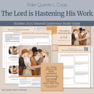 Puede incluir: Una guía de estudio titulada "El Señor está apresurando Su obra" por Elder Quentin L. Cook. La guía incluye texto e ilustraciones, con un enfoque en ayudar a los demás. La portada presenta un grupo de personas abrazándose.