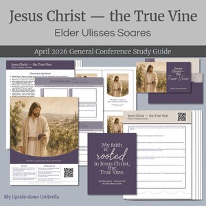 May include: A collection of printed study guides with the title "Jesus Christ - the True Vine" and the author Elder Ulisses Soares. The guides are in shades of purple and white, with images of Jesus and text. The phrase "My faith is rooted in Jesus Christ, the True Vine" is also visible.