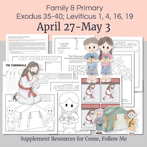 Puede incluir: Un conjunto de recursos imprimibles para el estudio religioso familiar y primario. La imagen incluye páginas para colorear, ilustraciones de escenas bíblicas y el texto "Family & Primary Exodus 35-40; Leviticus 1, 4, 16, 19 April 27-May 3".