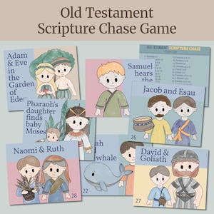 May include: A collection of illustrated cards for the "Old Testament Scripture Chase Game." The cards feature cartoon illustrations of biblical figures and scenes, including Adam and Eve, Jacob and Esau, and David and Goliath. The game cards have text labels.