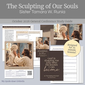 Puede incluir: Una guía de estudio titulada The Sculpting of Our Souls por Sister Tamara W. Runia para la conferencia general de octubre de 2026. El conjunto incluye páginas impresas con preguntas de debate, un código QR e imágenes de una figura esculpiendo una estatua.