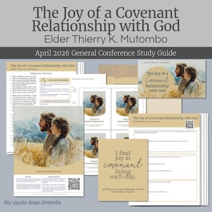 May include: A collection of printed study guides and cards with the title "The Joy of a Covenant Relationship with God" by Elder Thierry K. Mutombo. The guides feature images of a man and woman and include discussion questions and inspirational quotes.