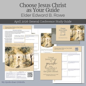 Może przedstawiać: Zestaw przewodników do nauki i materiałów promocyjnych zatytułowanych "Choose Jesus Christ as Your Guide" autorstwa Eldera Edwarda B. Rowe. Materiały zawierają tekst i ilustracje postaci idącej ścieżką.