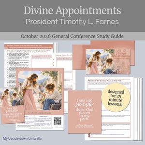 Może przedstawiać: Przewodnik do nauki zatytułowany Divine Appointments autorstwa prezydenta Timothy'ego L. Farnesa na październik 2026 r. Zestaw zawiera drukowane strony z pytaniami, zdjęcie dwóch osób oraz okrągłą odznakę z napisem designed for 25 minute lessons.