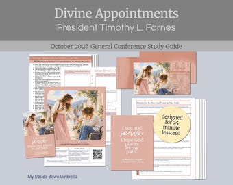 Puede incluir: Una guía de estudio titulada Divine Appointments por el presidente Timothy L. Farnes para octubre de 2026. El conjunto incluye páginas impresas con preguntas, una foto de dos personas y una insignia circular que dice designed for 25 minute lessons.