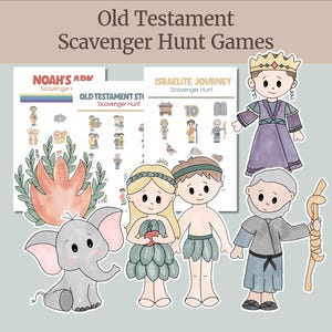 Puede incluir: Ilustración para juegos de búsqueda del tesoro del Antiguo Testamento. La imagen presenta personajes de dibujos animados y elementos de historias bíblicas, incluyendo el Arca de Noé, los israelitas y otras figuras. El título "Old Testament Scavenger Hunt Games" está en la parte superior.