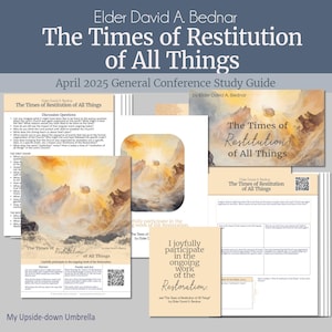 Puede incluir: Una guía de estudio para la Conferencia General de abril de 2025 de La Iglesia de Jesucristo de los Santos de los Últimos Días, con un discurso de Elder David A. Bednar titulado "The Times of Restitution of All Things". La guía incluye preguntas de discusión, una cita del discurso y un código QR.