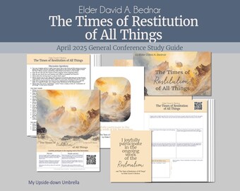 May include: A study guide for the April 2025 General Conference of The Church of Jesus Christ of Latter-day Saints, featuring a talk by Elder David A. Bednar titled "The Times of Restitution of All Things". The guide includes discussion questions, a quote from the talk, and a QR code.
