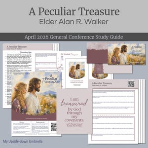 Puede incluir: Una colección de guías de estudio y materiales relacionados titulados "A Peculiar Treasure" por Elder Alan R. Walker. Las guías presentan imágenes de un hombre y una mujer en un campo, con texto que incluye "April 2026 General Conference Study Guide".