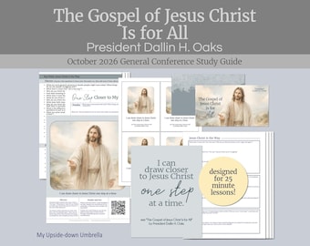 Könnte beinhalten: Ein Studienleitfaden mit dem Titel The Gospel of Jesus Christ Is for All von Präsident Dallin H. Oaks, Generalkonferenz Oktober 2026. Enthält Arbeitsblätter mit Diskussionsfragen, einen QR-Code und Karten mit einem Bild von Jesus Christus.
