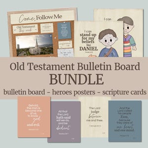 May include: An Old Testament Bulletin Board Bundle with a corkboard, posters, and scripture cards. The corkboard has the text "Come, Follow Me" and a photo of a church. The posters feature illustrations and Bible verses.