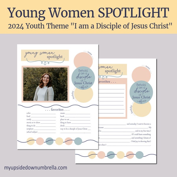 Young Women's Spotlight Sheets | 2024 LDS Youth Theme - I Am a Disciple of Jesus Christ | LDS YW Printable Posters 2024 Youth Theme