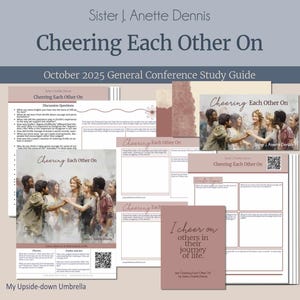 以下が含まれることがあります： シスターJ.アネット・デニスによる「Cheering Each Other On」というタイトルの学習ガイドとカードのコレクション。ガイドには、人々が交流している画像と、ディスカッションの質問が含まれています。配色は主にくすんだピンクと茶色です。