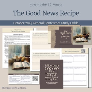May include: A collection of study guides titled "The Good News Recipe" by Elder John D. Amos. The guides feature text and illustrations, including a watercolor painting of a book and a bowl. The text includes "October 2025 General Conference Study Guide."