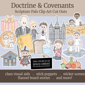 Puede incluir: Un conjunto de recortes de imágenes clipart coloridos que representan personajes y objetos relacionados con la Iglesia de Jesucristo de los Santos de los Últimos Días. El conjunto incluye un templo, un libro de escrituras, una familia y una casa. El texto "Doctrina y Convenios" y "Scripture Pals Clip Art Cut Outs" está incluido en la imagen.