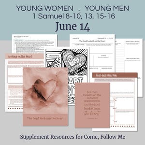 May include: A collection of printed resources for "Come, Follow Me," featuring the text "Young Women, Young Men" and "June 14." The materials include worksheets, coloring pages, and cards with quotes and illustrations, all in a soft color palette.